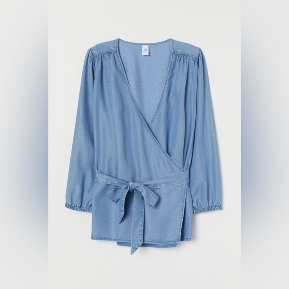 & Denim for H&M Chambray Lyocell Wrapover Blouse Lightweight Denim Size 2 - Picture 11 of 11